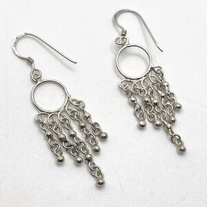 Vtg Sterling Silver Circle & Tassels Dangle Shepherds Hook Earrings / 2”